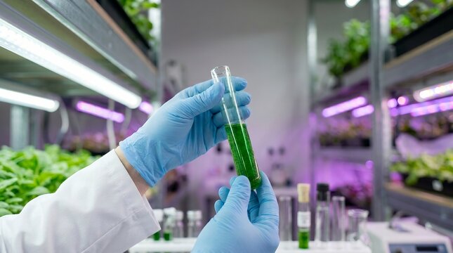 Bioengineer testing green algae in laboratory. Scientist analyzing liquid protein sample.