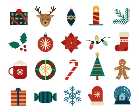 Set of vector simple flat christmas illustrations or icons