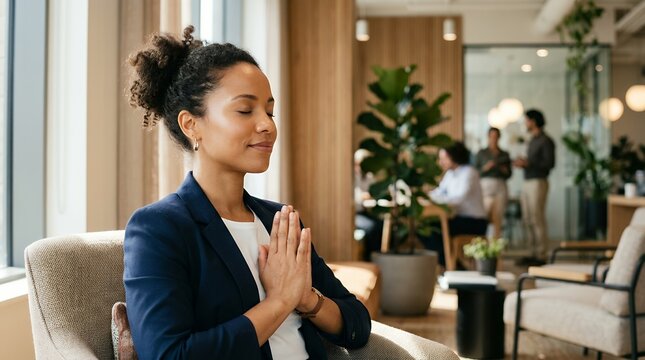 Businesswoman practicing mindfulness in office. Professional female meditating at work.