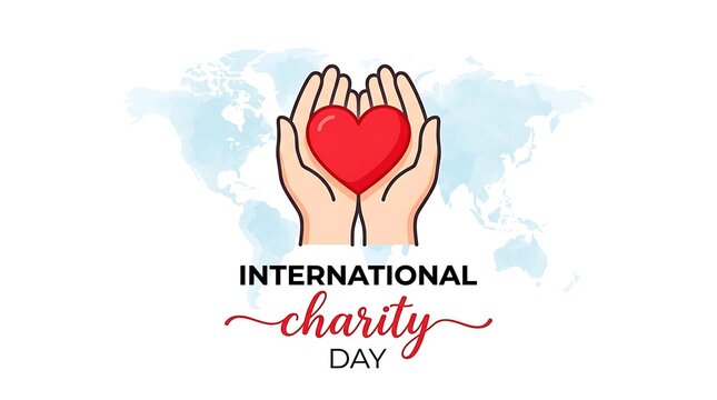 International charity day illustration with hands holding a red heart on a world map background