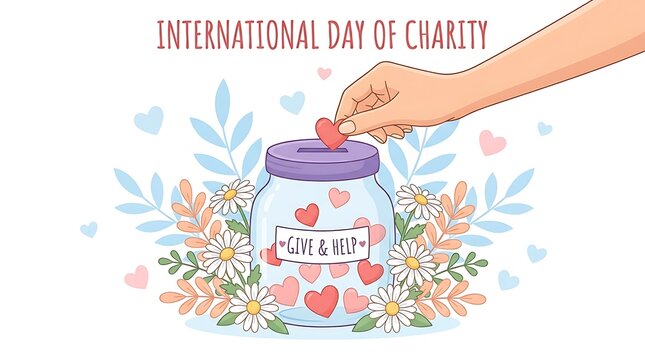 International day of charity illustration with a hand putting a heart into a glass jar with flowers