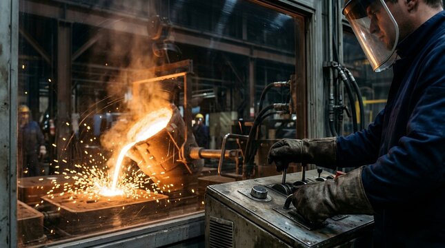 Steel worker pouring molten metal. Industrial foundry casting process in heavy factory.
