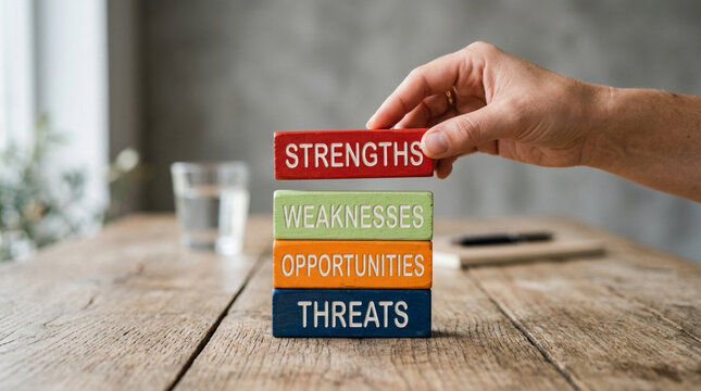 Hand Stacking Colorful Wooden Blocks with SWOT Analysis Strengths Weaknesses Opportunities and Threats