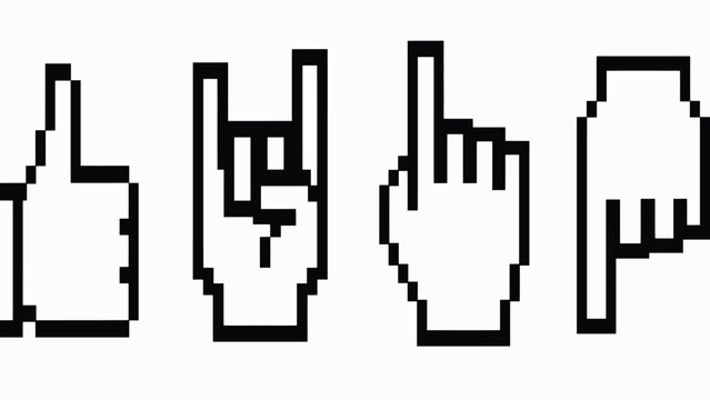 Conjunto de gestos de mano pixelados y cursor de computadora