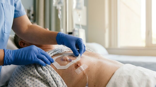 Nurse examining chemotherapy port on patient. Medical professional providing cancer care.