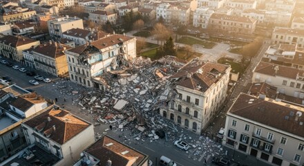 Fototapeta premium Aerial View of a Historic Neighborhood Ravaged by Earthquake, Showing Widespread Building Destruction and Rubble