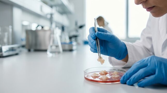 Scientist examining cultured meat in lab. Researcher testing lab-grown food in petri dish.