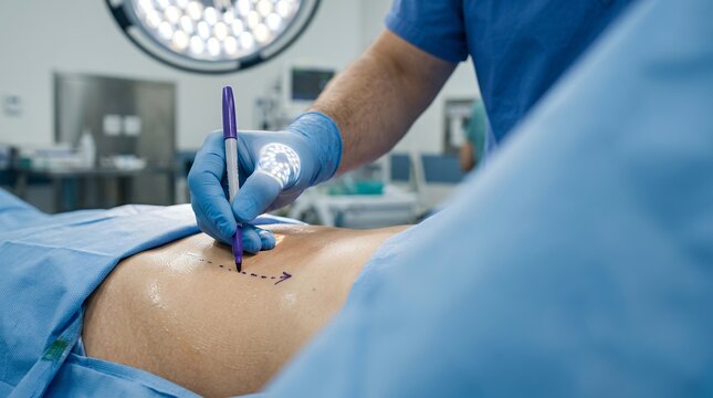 Surgeon marking patient for surgery. Doctor drawing lines on skin before operation.