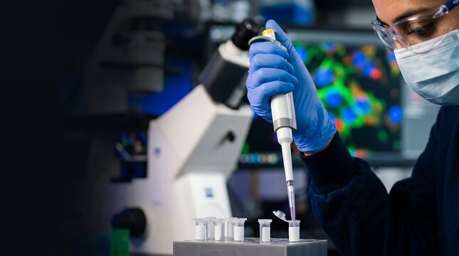 Scientist pipetting sample in lab. Researcher conducting cancer study with microscope.