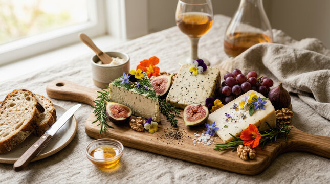 Cheese fig grape flower walnut honey herb bread wine rustic Cheese fig grape flower walnut honey herb bread wine rustic snack wooden board near window, cozy natural daylight, soft linen
