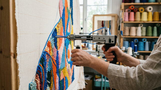 Colorful yarn textile art tufting gun creative craft handmade rug wool fiber modern design wall decor fiber art workshop studio Colorful yarn textile art tufting gun creative craft handmade rug