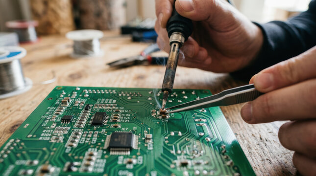 Circuit board soldering electronics repair electronic component microchip technician hand tweezers workshop engineering technology circuit board soldering repair by technician hand using tweezers