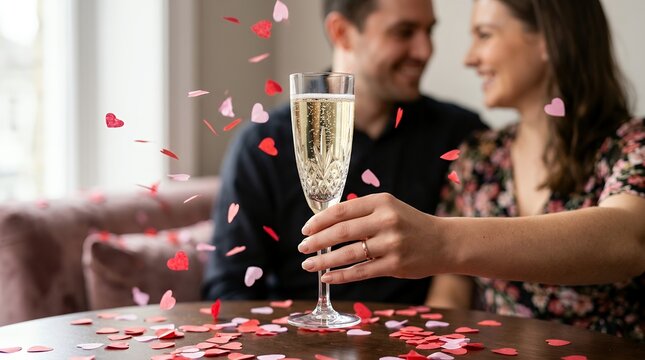 Couple celebrating Valentine's Day with champagne. Romantic date with hearts and wine.