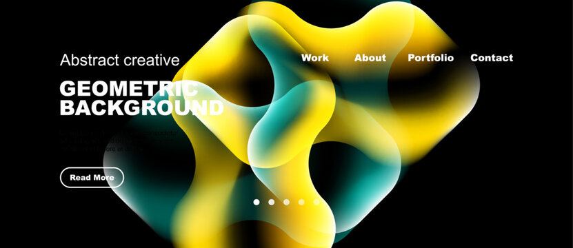 Abstract yellow, turquoise shapes over black backdrop. Website navigation present, includes read more button. Modern design elements visible.