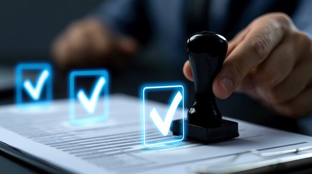Digital document approval with digital stamp process showing validation checkmarks and digital signing workflow