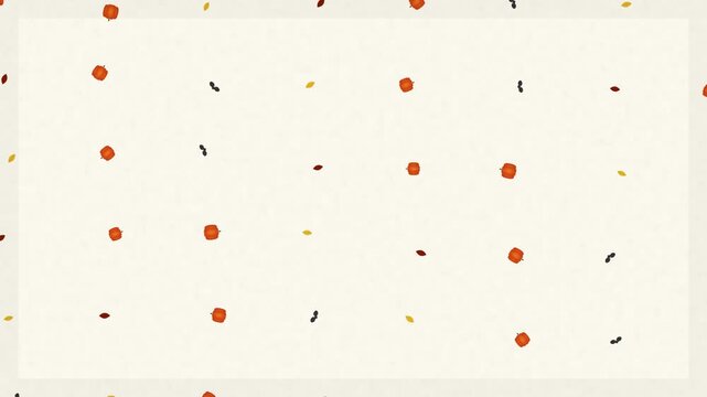 Abstract pattern of small red circles and black dashes on a light background.