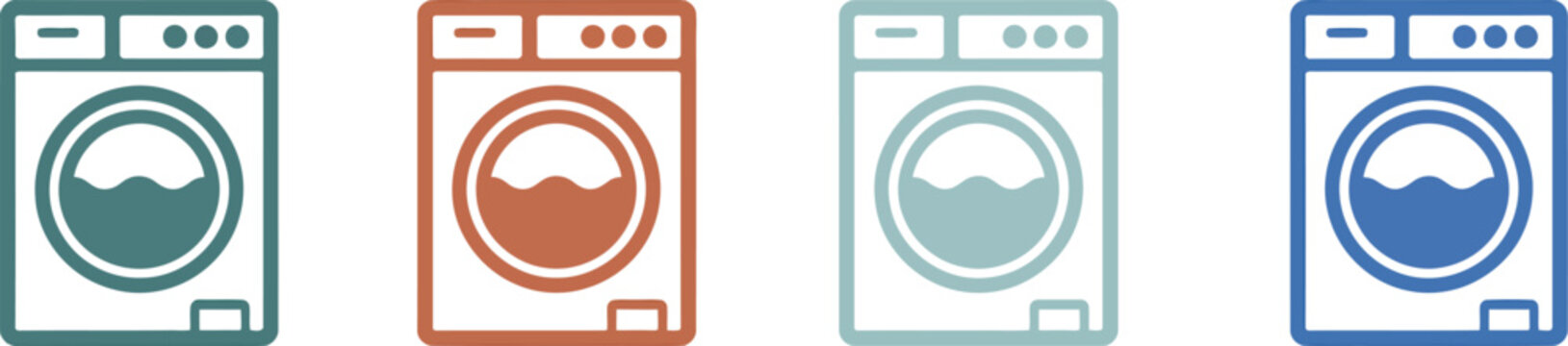 Washing machine icon set, laundry washer, home appliance, electric wash machine, household equipment, cleaning, washing, interface, symbols, technology, domestic, utility.