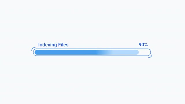 Flat vector animated file indexing progress bar with loading indicator and status text. Ideal for software interfaces, search systems, file management, and technology motion graphics.