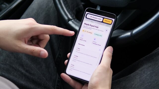 EV driver reviews a nearby charging hub, checks availability and reads customer feedback, highlighting smarter route planning and the growth of electric mobility.