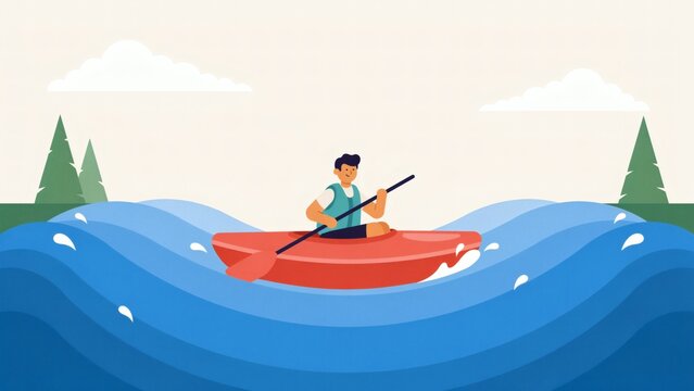 Man kayaking on blue waves vector illustration with paddling red kayak waves near trees exploration with recreation