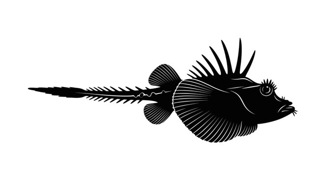Black silhouette of a deep sea anglerfish with fins with spines white background anglerfish detailed illustration underwater wildlife seafood