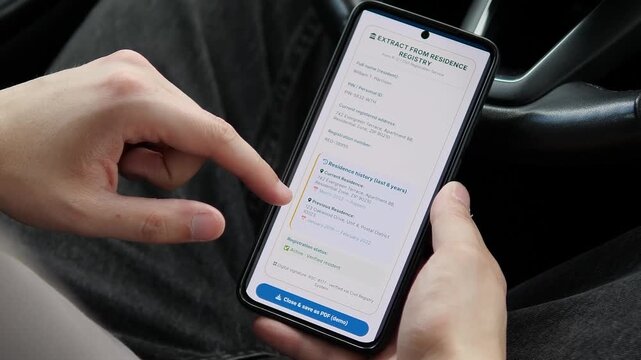 Person requests a digital residence extract on a smartphone, highlighting e-government services, verified identity records and paperless access to official documents.