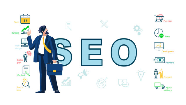 SEO trends for website ranking. Businessman analyzes information market, search engine optimization. infographics, business icon template, flat design, signs. Use in technology. Vector infographics
