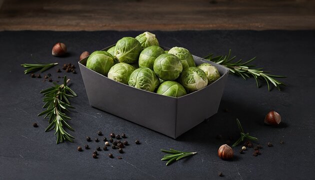 Gourmet baby sprouts in dark packaging on slate
