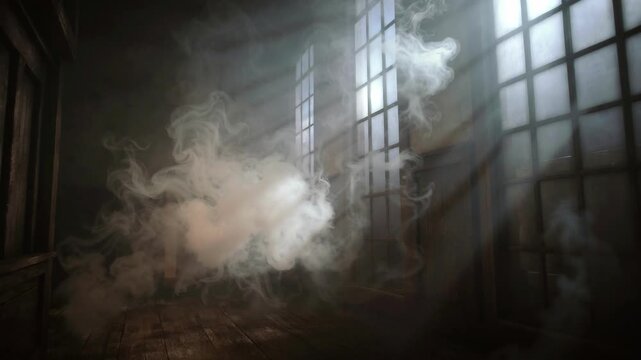 Smoke Drifting Through Abandoned Room with Wooden Floors and Tall Windows Cinematic Moody Atmosphere