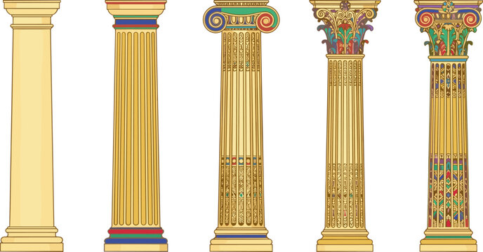 Set of five classical architectural columns representing Doric, Ionic, and Corinthian orders