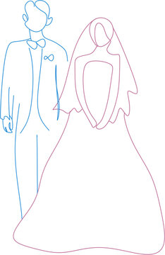 Romantic wedding couple line art with formal attire illustration