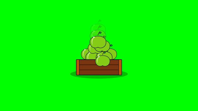 Animated Green Apples Falling into a Wooden Crate on Green Screen Background.