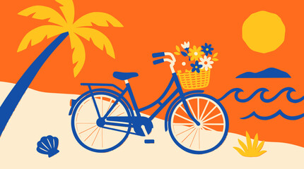 Fototapeta premium Summer coastal landscape illustration featuring a vintage bicycle with a basket of flowers on a sandy beach under a vibrant tropical sun