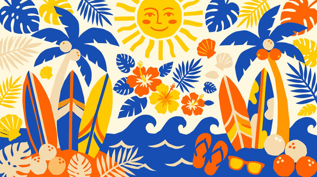 Vibrant tropical beach collage illustration with palm trees surfboards ocean waves smiling sun and hibiscus flowers in paper cut style