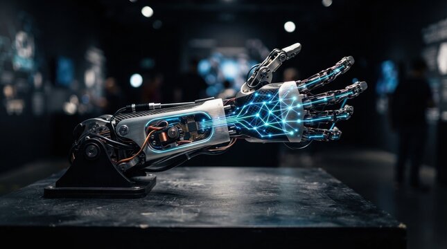 Humanoid robot hand with microchip, servo motor, and glowing neural network lines on exhibition pedestal