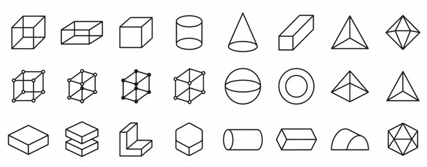 Fototapeta premium 3D geometric shapes line icon set for geometry and mathematics concepts