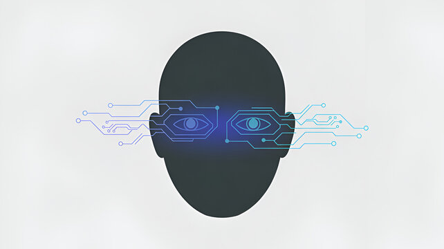 Humanoid face silhouette featuring glowing blue circuit board patterns integrated into the eyes with intricate lines and nodes representing artificial intelligence concepts against a clean and minimal