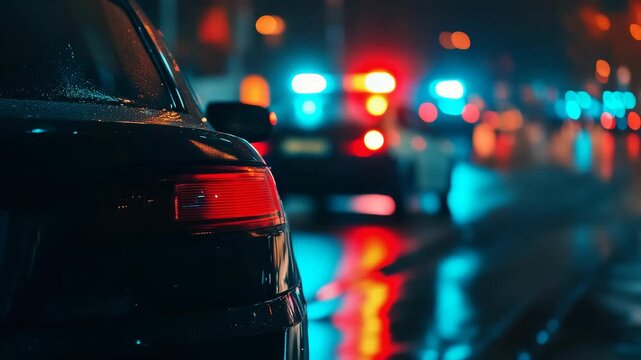A car driving down a rainy city street at night with other vehicles and traffic lights.