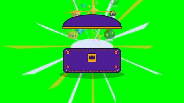 Animated Purple Treasure Chest Opening with Magical Glowing Loot Effects on Green Screen.