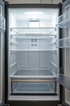Empty refrigerator with open door and glass shelves in a modern kitchen. Minimal storage and organization, clean appliance, food storage, sustainability and lifestyle concepts.