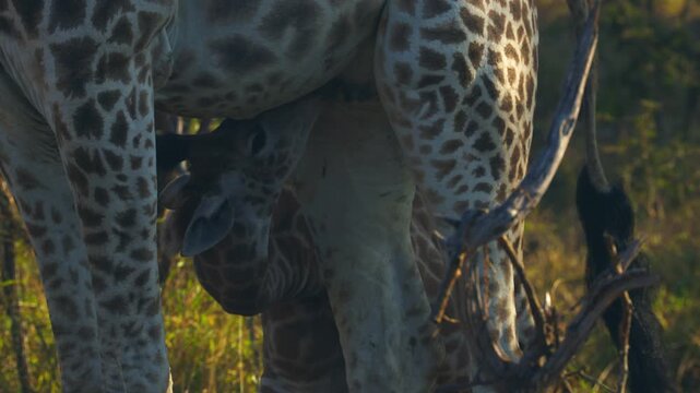 Close-up view of little giraffe calf nursing milk from it's mother