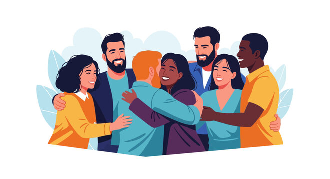 Diverse group of people hugging each other.