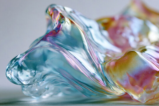Macro shot of iridescent liquid creating wave-like glassy formations. Abstract colorful fluid art, texture, reflection, transformation, beauty, nature, futurism.