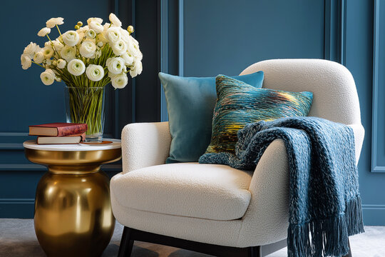 Plush armchair draped with a soft blanket next to a side table with a vase of flowers by a sunlit window. Home comfort, hygge, interior design, relaxation, minimalist decor, cozy reading nook.