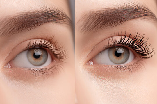 Side-by-side close-up of a woman's eye showing natural lashes and enhanced lashes after treatment. Beauty, cosmetics, self-care, makeover, eyelash lift, confidence
