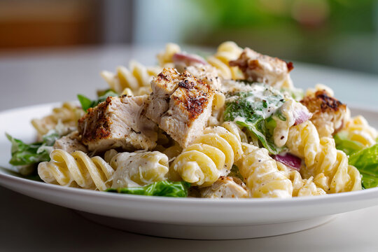 Grilled chicken Caesar pasta salad on a white plate, shot close-up. Fresh romaine, creamy dressing, comfort food, lunch and dinner, Italian-inspired and restaurant-style.
