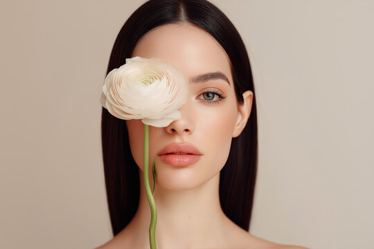 Young woman holds a pink ranunculus over one eye in a studio close-up portrait. Beauty, skincare, natural makeup, wellness, minimalism, floral, cosmetics and self-care themes.