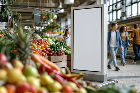 A freestanding digital billboard sits in a supermarket produce aisle as shoppers browse fresh fruit. Retail advertising, grocery, fresh produce, healthy food, market, community, commerce.