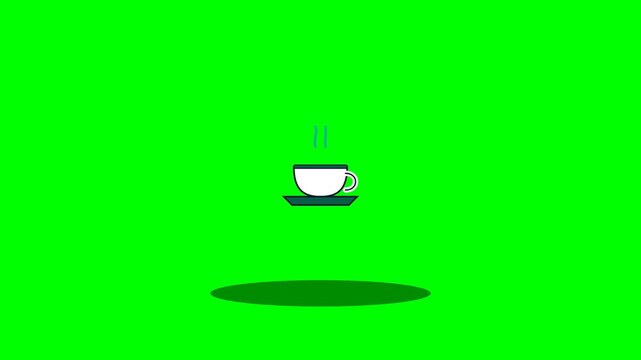 Animated Coffee Cup Floating with Steam on Green Screen Background.