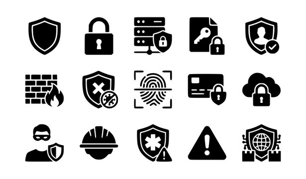 Set of fifteen black and white cybersecurity and data protection icons featuring shields locks and digital security elements
